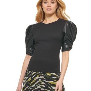 NWT DKNY Women's Faux-Leather Puffed-Sleeve Top.